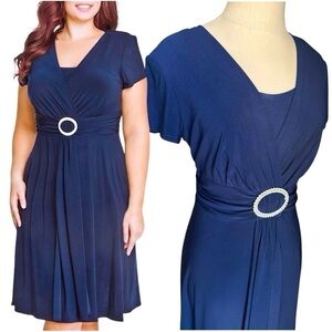 R&M Richards Navy Blue Faux Wrap Short Sleeve Stretch Cocktail Dress Size 10P